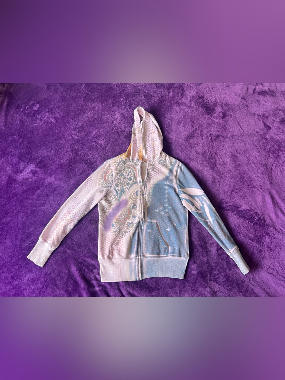 Vintage Mossimo Supply Co. Pink and Blue Paisley Zip Hoodie (FLAW) Size M
